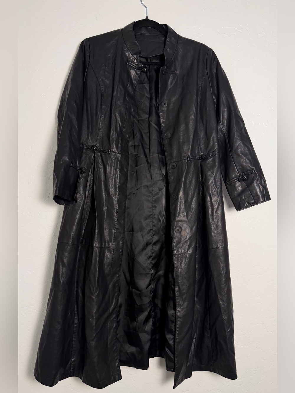 Vintage Women Small Black Faux Leather Longline Duster Trench Coat Mandarin